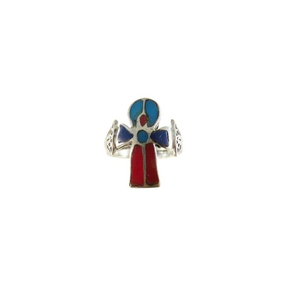 Vintage Ankh Ring With Red Blue Enamel Accent 800 Silver Mid Century 6.75 - Picture 1 of 11